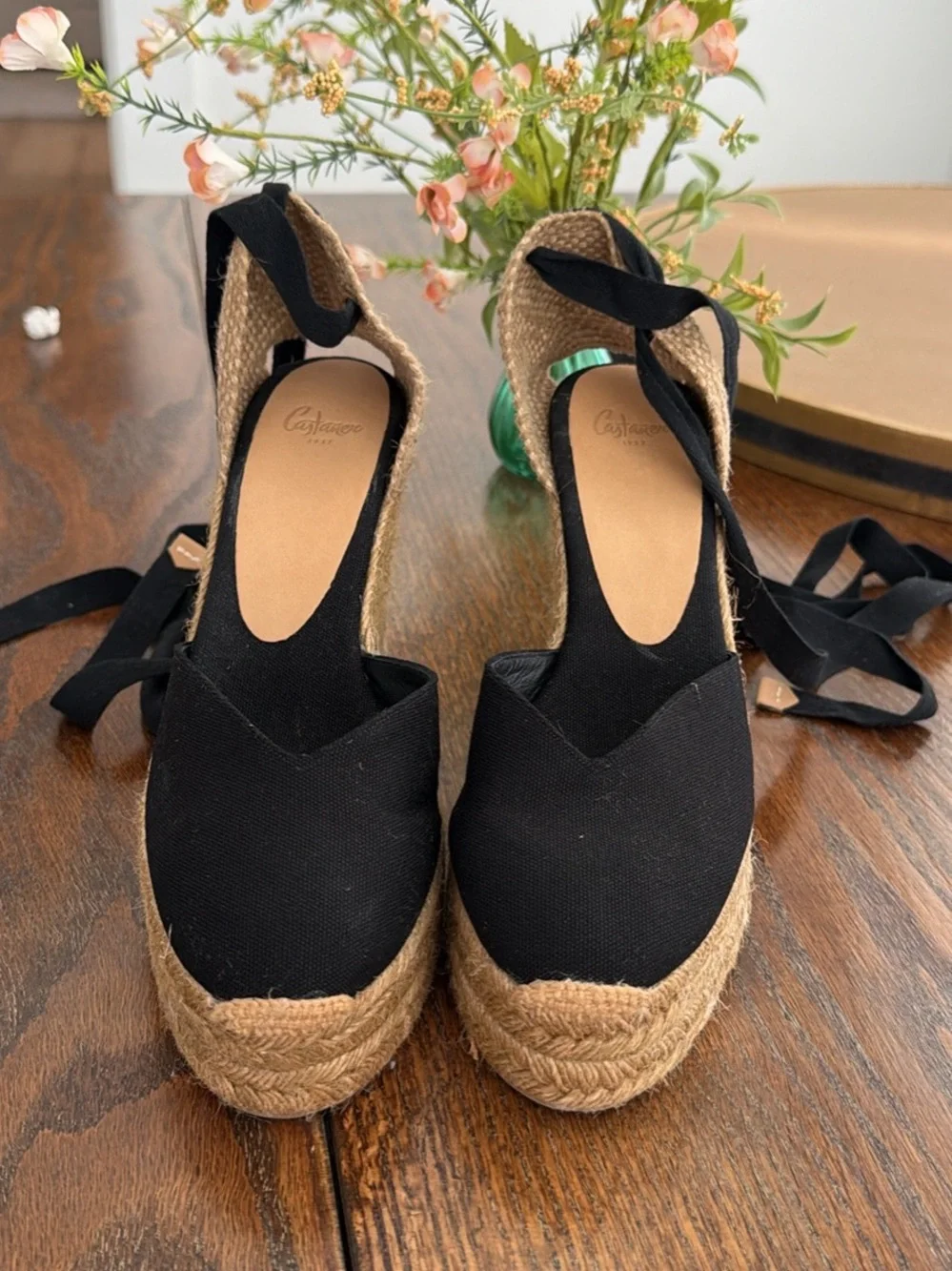 Castaner Black Canvas Espadrille Wedges with Jute Platform and Ankle Ties